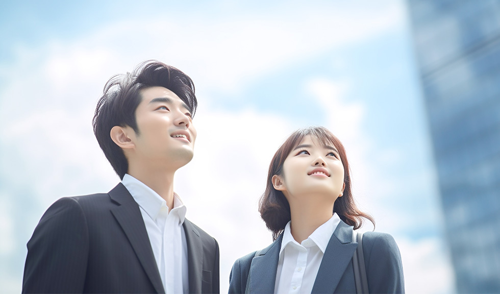 写真：スーツ姿の男女2人が空を見上げている